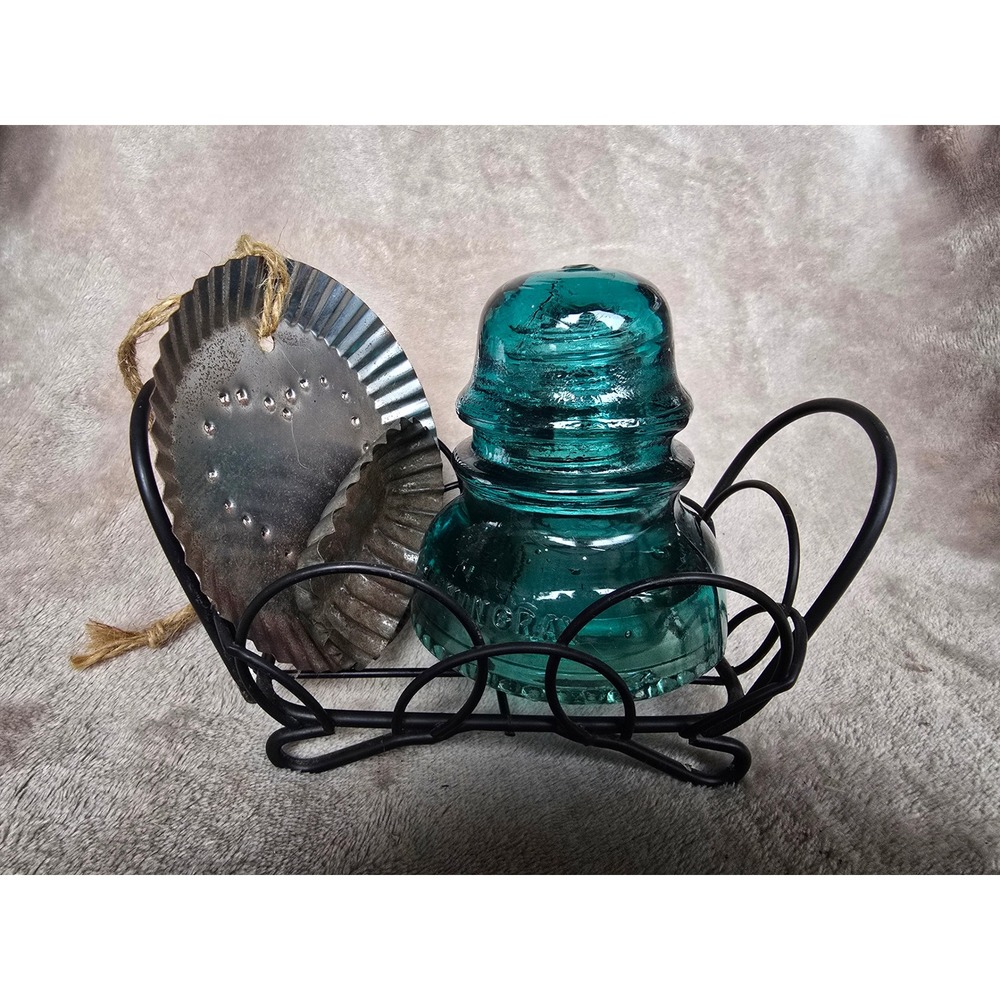 Vintage Hemingray 42 Aqua Glass Insulator with Wire Stand and Primitive Tins